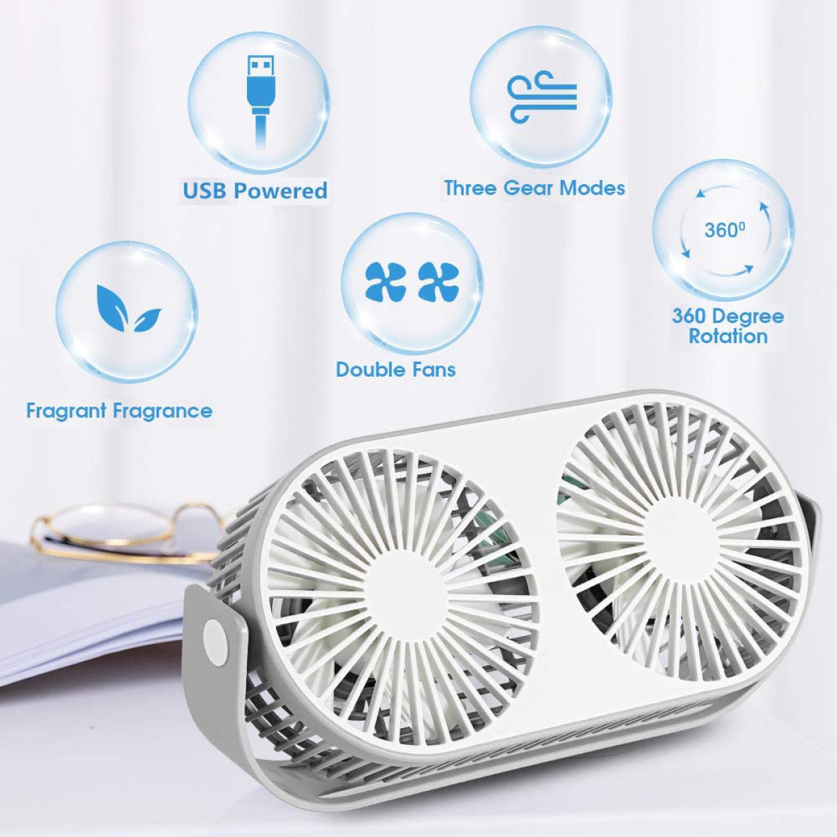 Ein weiß-grauer tragbarer Ventilator mit Funktionen wie USB-Stromversorgung und zwei Lüftern auf verschwommenem Hintergrund.