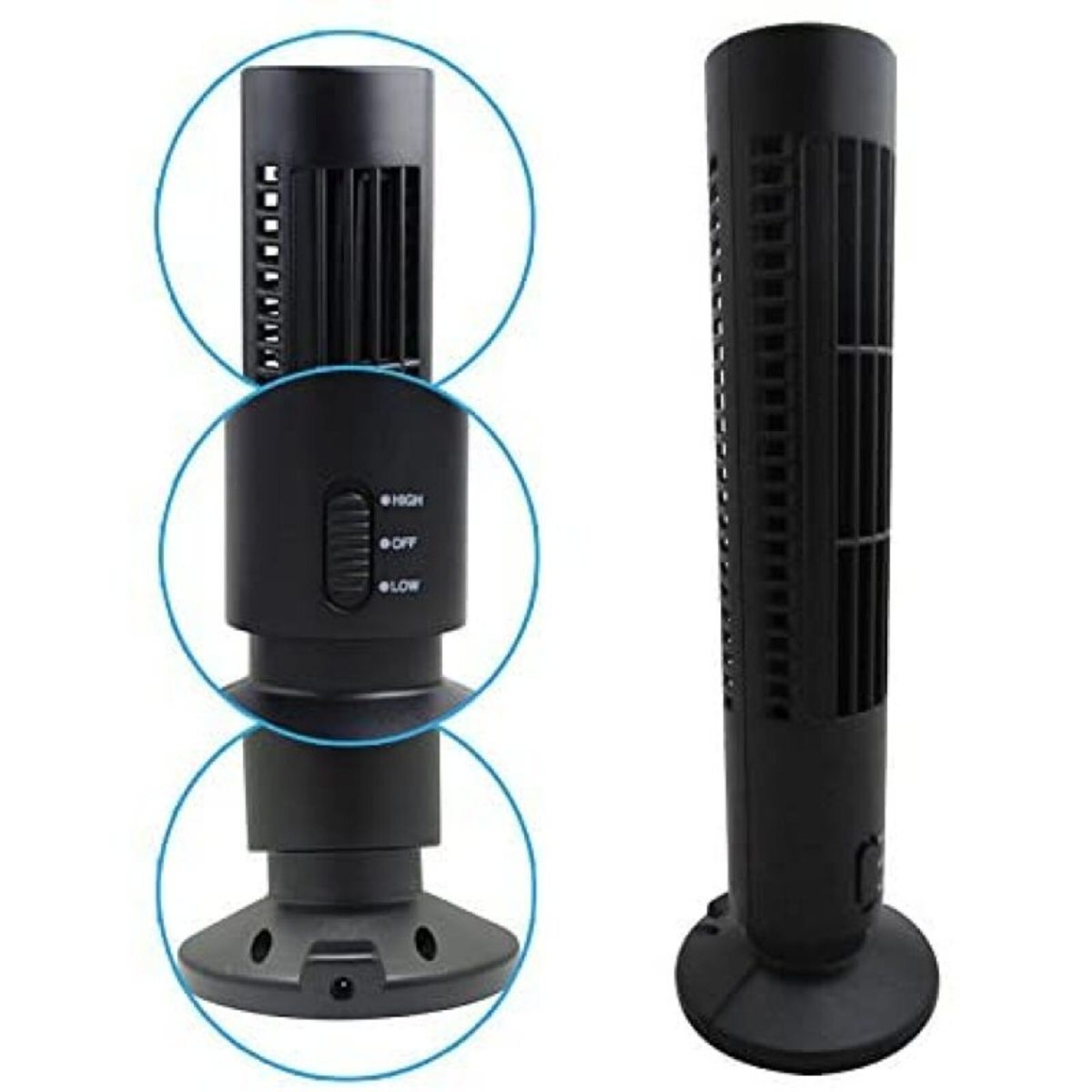 Schwarzer Turmventilator mit Bedienelementen und einem Sockel. Er hat drei Einstellungen: Hoch, Niedrig und Aus. Details sind eingekreist.