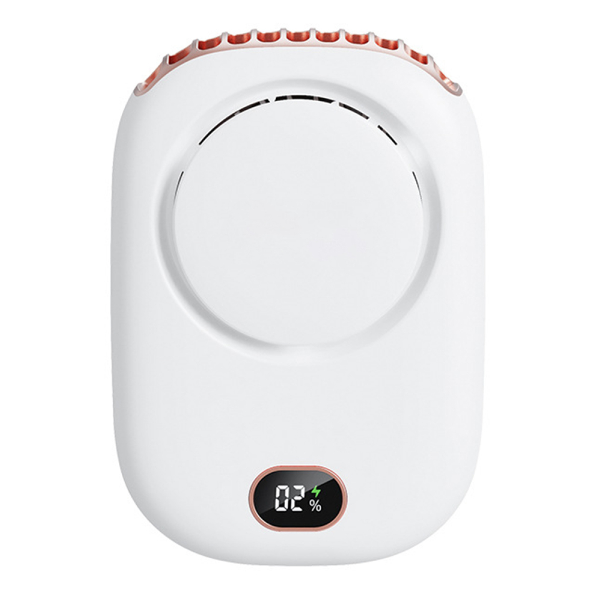 Ein weißer Nackenventilator mit kleinem Display, das 20 % Akku anzeigt. Auf weißem Hintergrund.