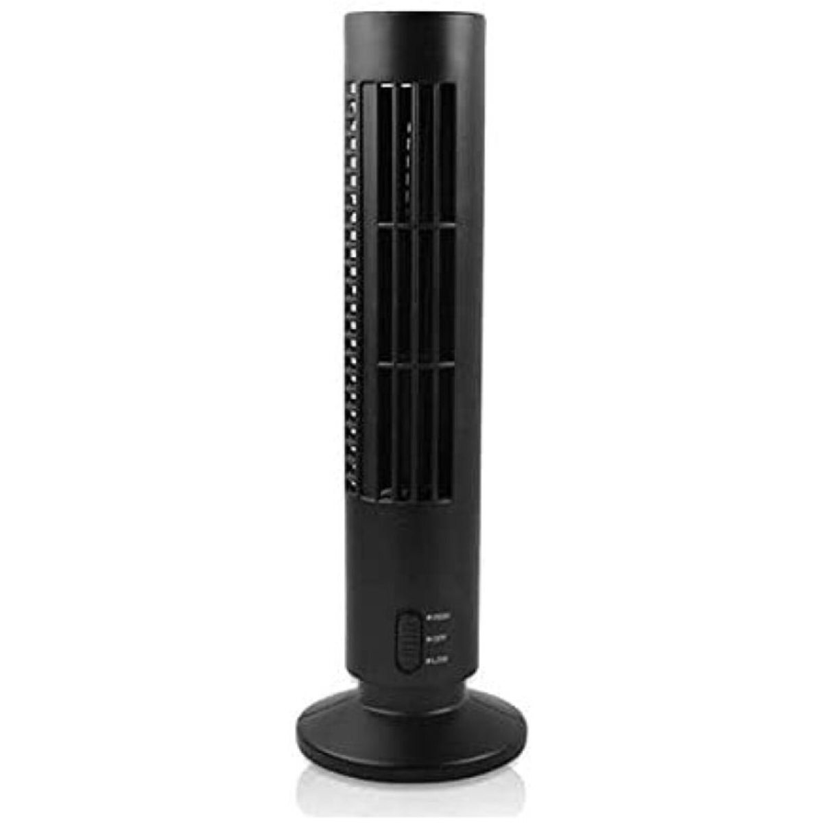 Ein schwarzer zylindrischer Turmventilator mit vertikalen Lamellen. Er steht auf einem runden Sockel. Der Lüfter hat Steuertasten.