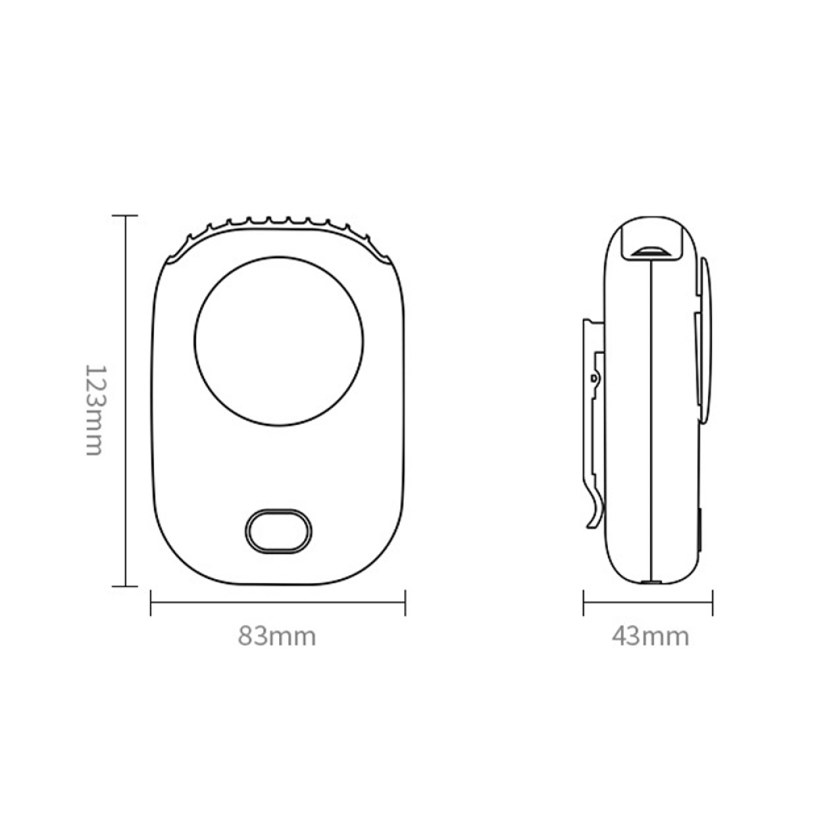 Strichzeichnung eines schwarzen Geräts mit Maßen: 123 mm Höhe, 83 mm Breite und 43 mm Tiefe.