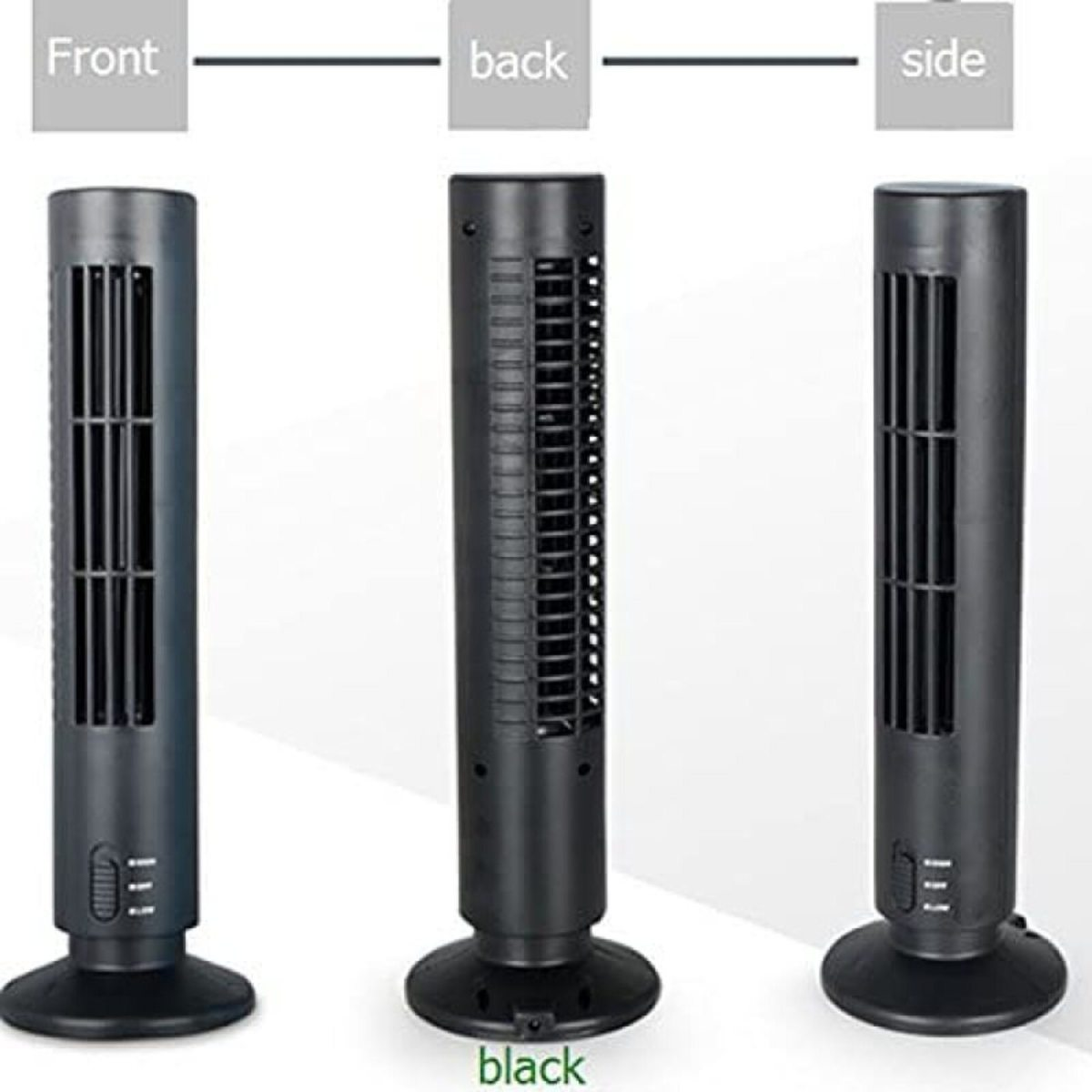 Drei Ansichten eines schwarzen Turmventilators: vorne, hinten und seitlich, auf weißem Grund mit schwarzem Text.