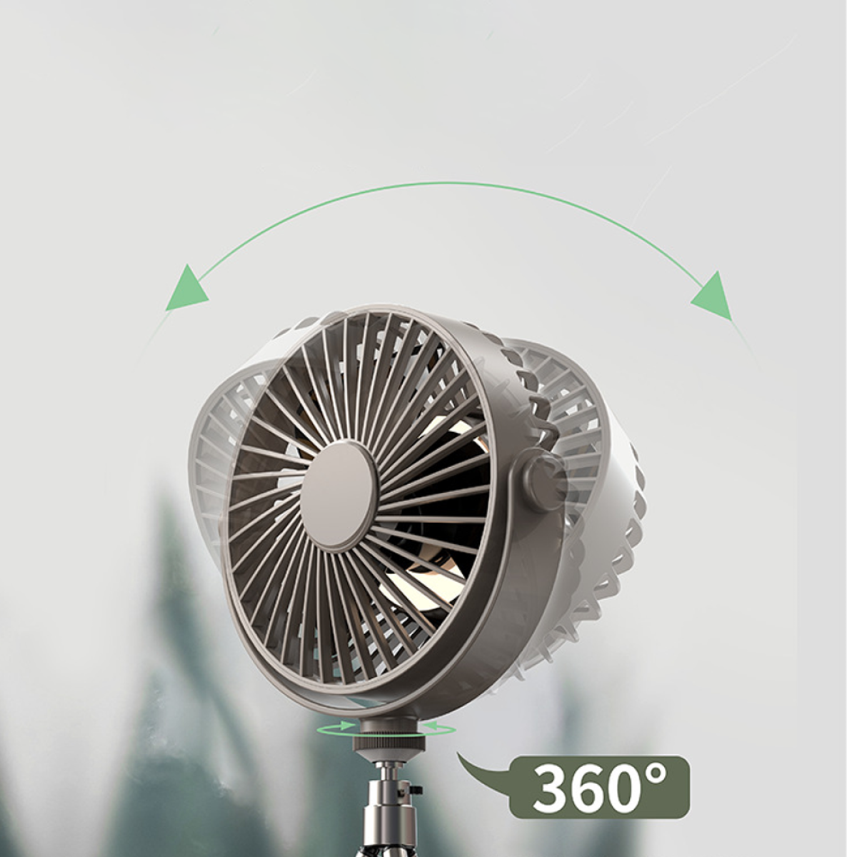 Tragbarer Ventilator mit verstellbarem Kopf. Weiß und grau. Grüne Pfeile.