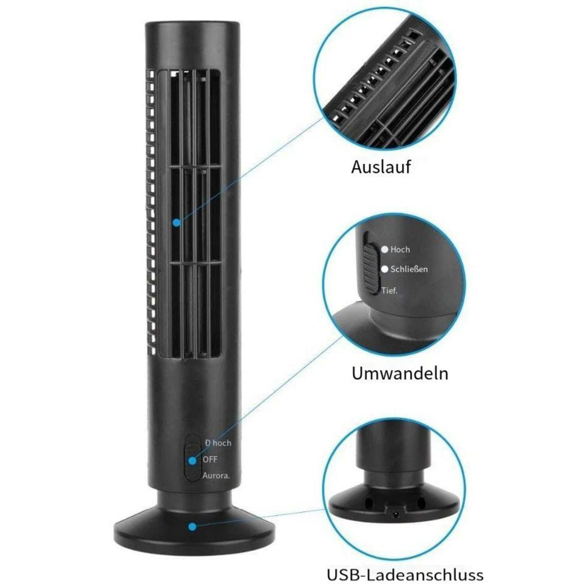 Schwarzer Turmventilator mit Bedienknöpfen und Beschriftungen. Nahaufnahmen sind enthalten. Heller Hintergrund.