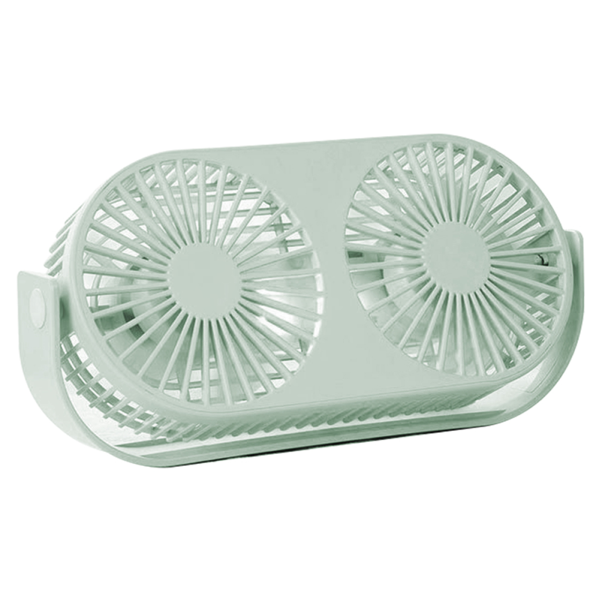 Ein kleiner, hellgrüner Ventilator mit zwei rotierenden Blättern. Weißer Hintergrund.