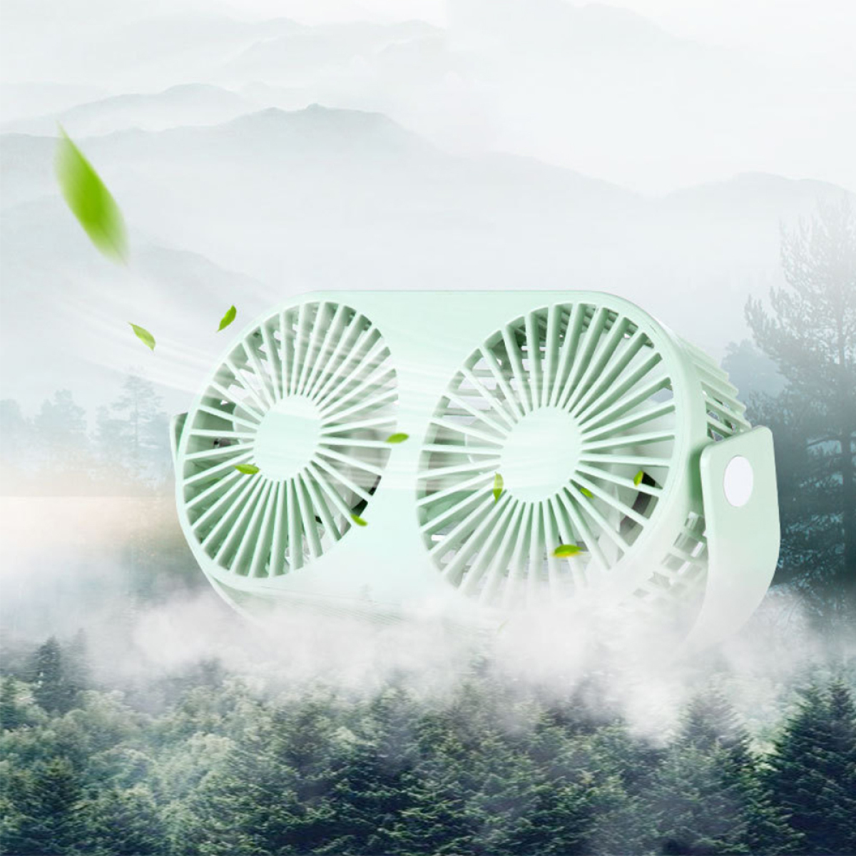 Ein Doppelflügler mit grünen Blättern, der Luft bläst. Der Hintergrund zeigt eine Berglandschaft und Nebel.