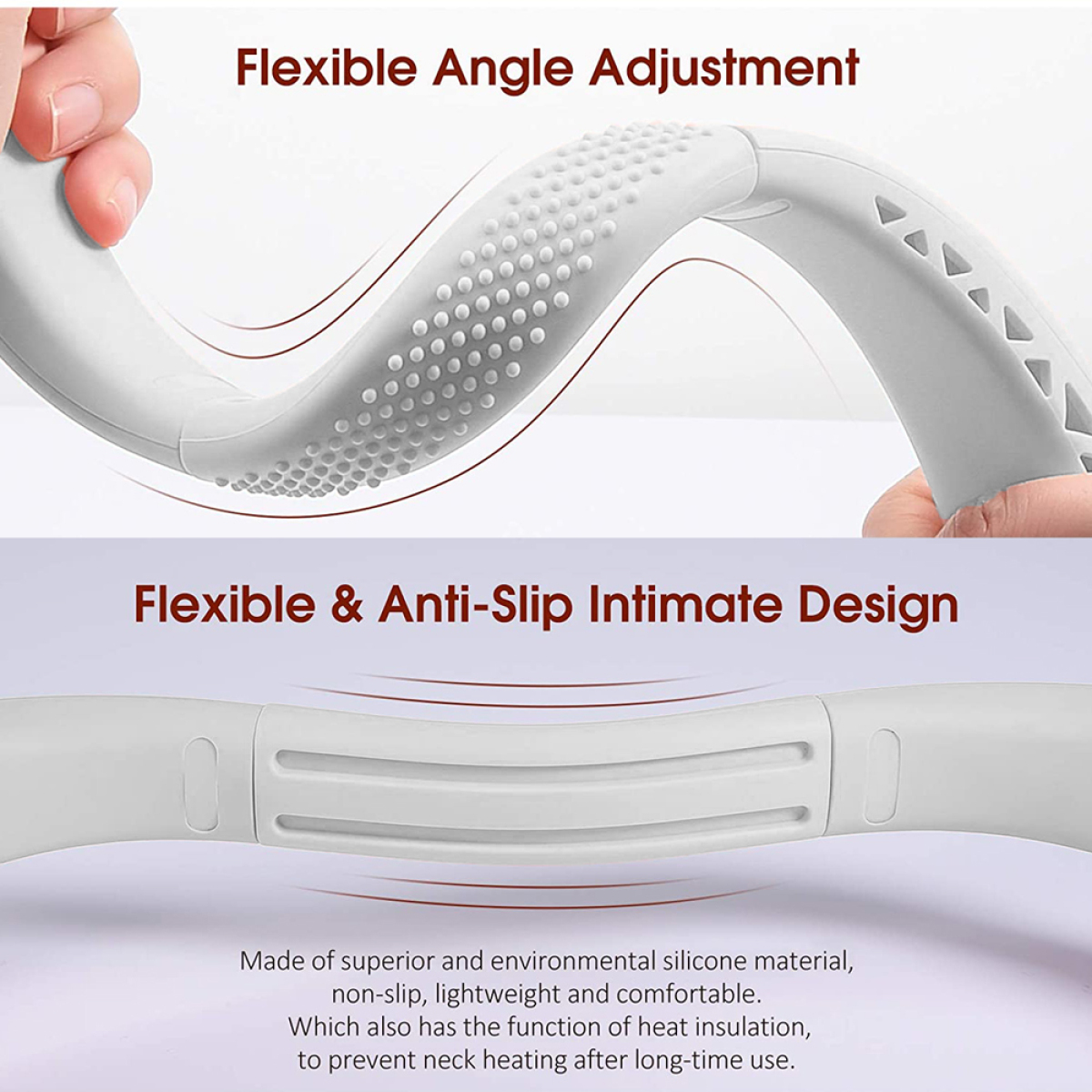 Zwei Teile eines Nackenkühlgeräts, die flexible Winkeleinstellung und rutschfeste Designmerkmale zeigen.