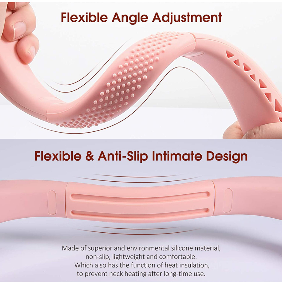 Rosa Nackenfächer, flexibles Design, mit Text zur Winkeleinstellung und rutschfestem Material.
