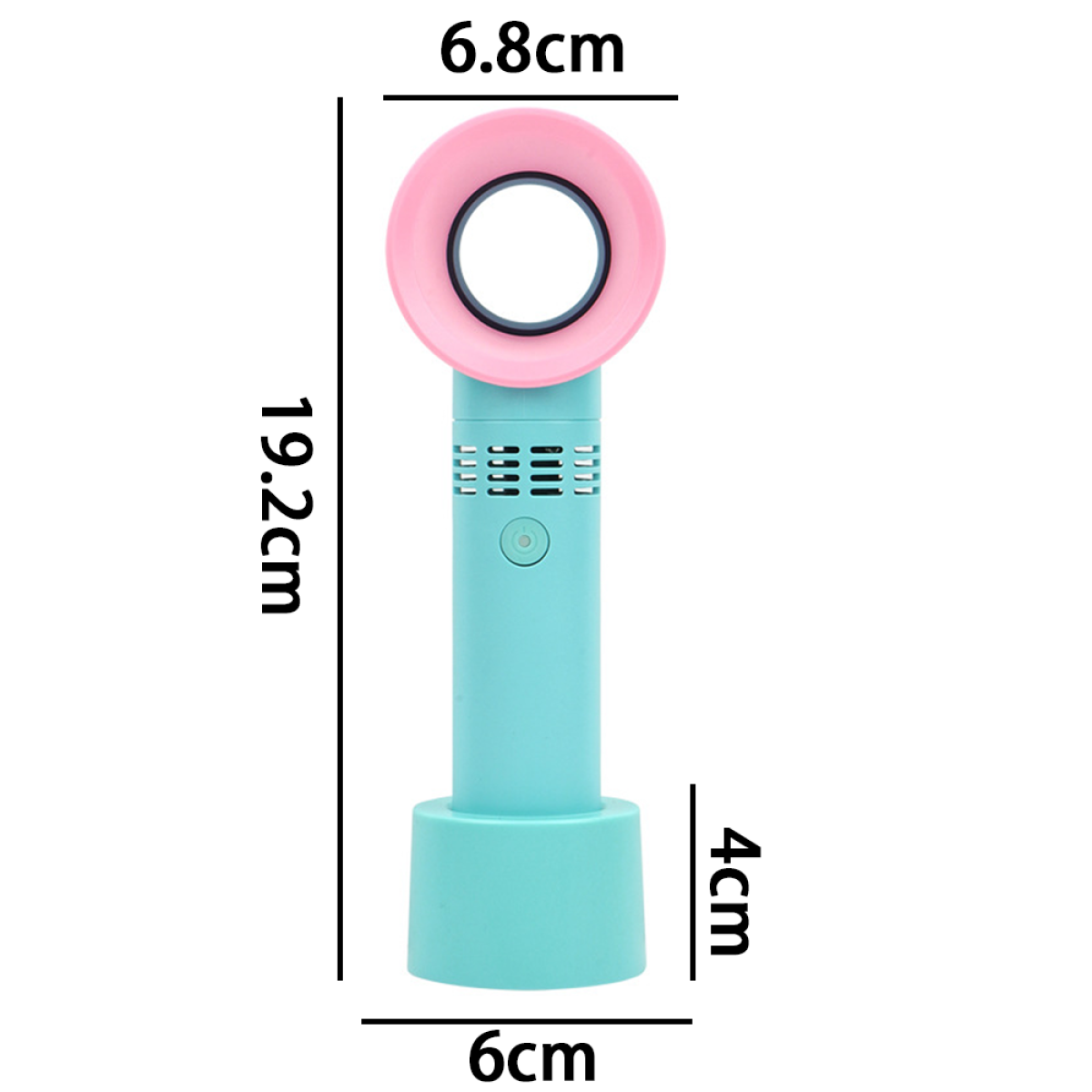 Kleiner, türkis-rosa, blattloser Ventilator. Maße: 19,2 cm, 6,8 cm, 6 cm, 4 cm.