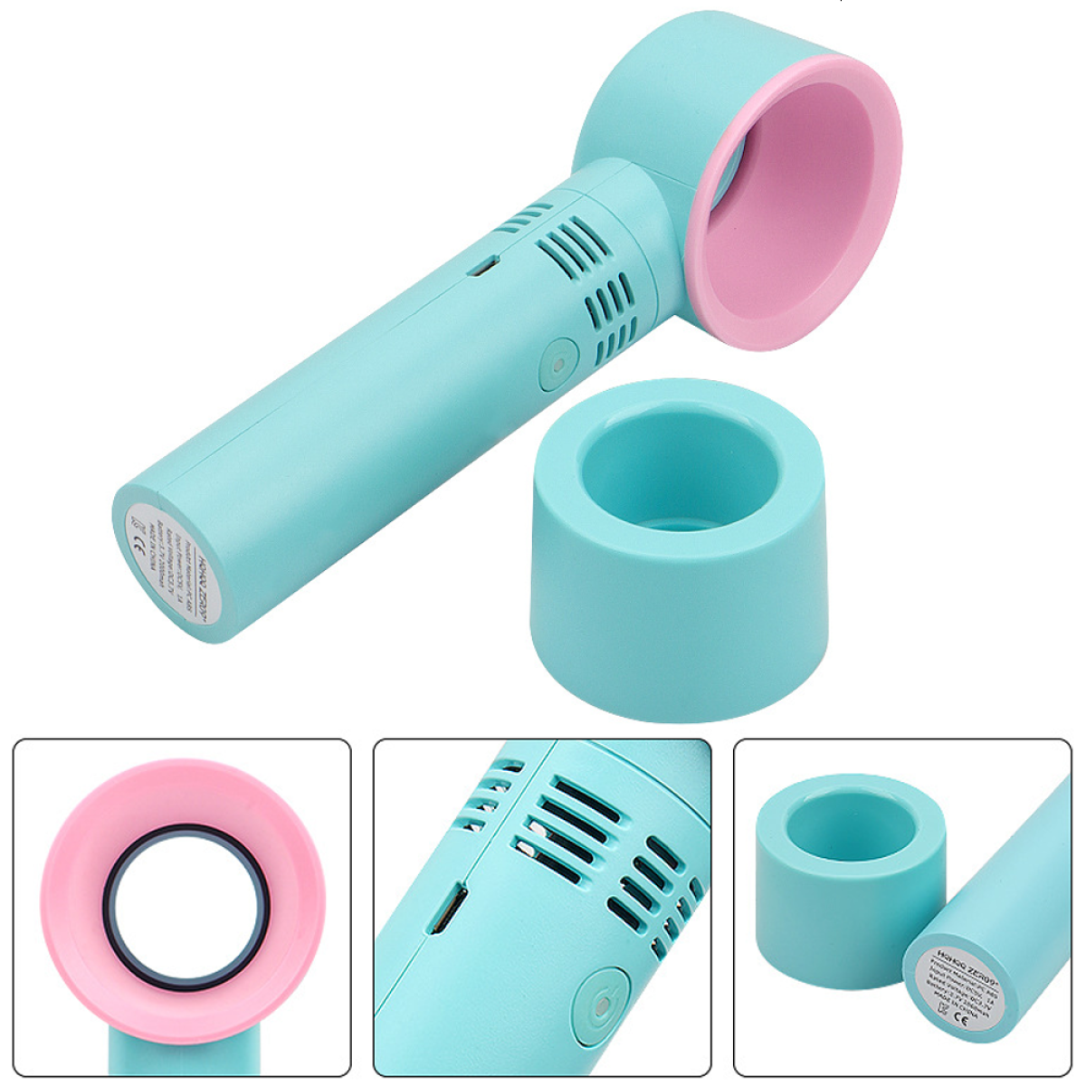 Blau-rosa Handventilator mit Zubehör. Der Ventilator und das Zubehör befinden sich auf weißem Hintergrund.