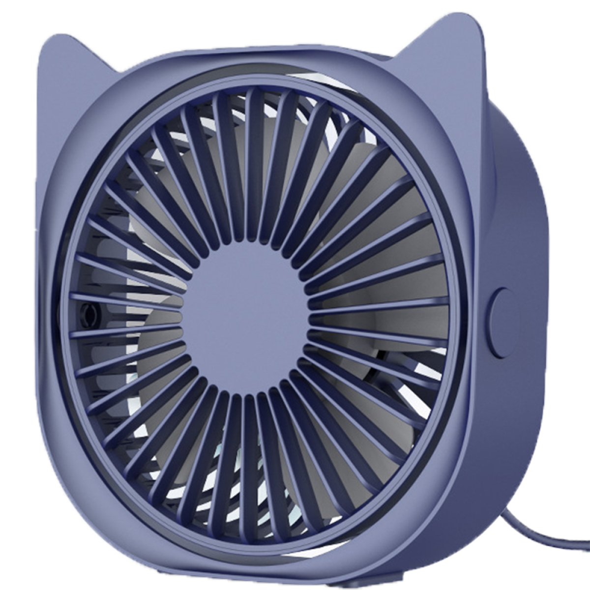 Ein blauer Ventilator mit Katzenohren-Design. Der Ventilator hat ein kreisförmiges Design.