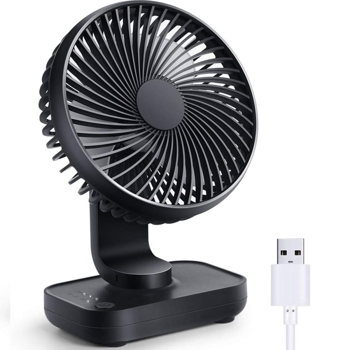 Schwarzer Schreibtischventilator mit angeschlossenem USB-Kabel. Der Ventilator hat ein kreisförmiges Gitter.