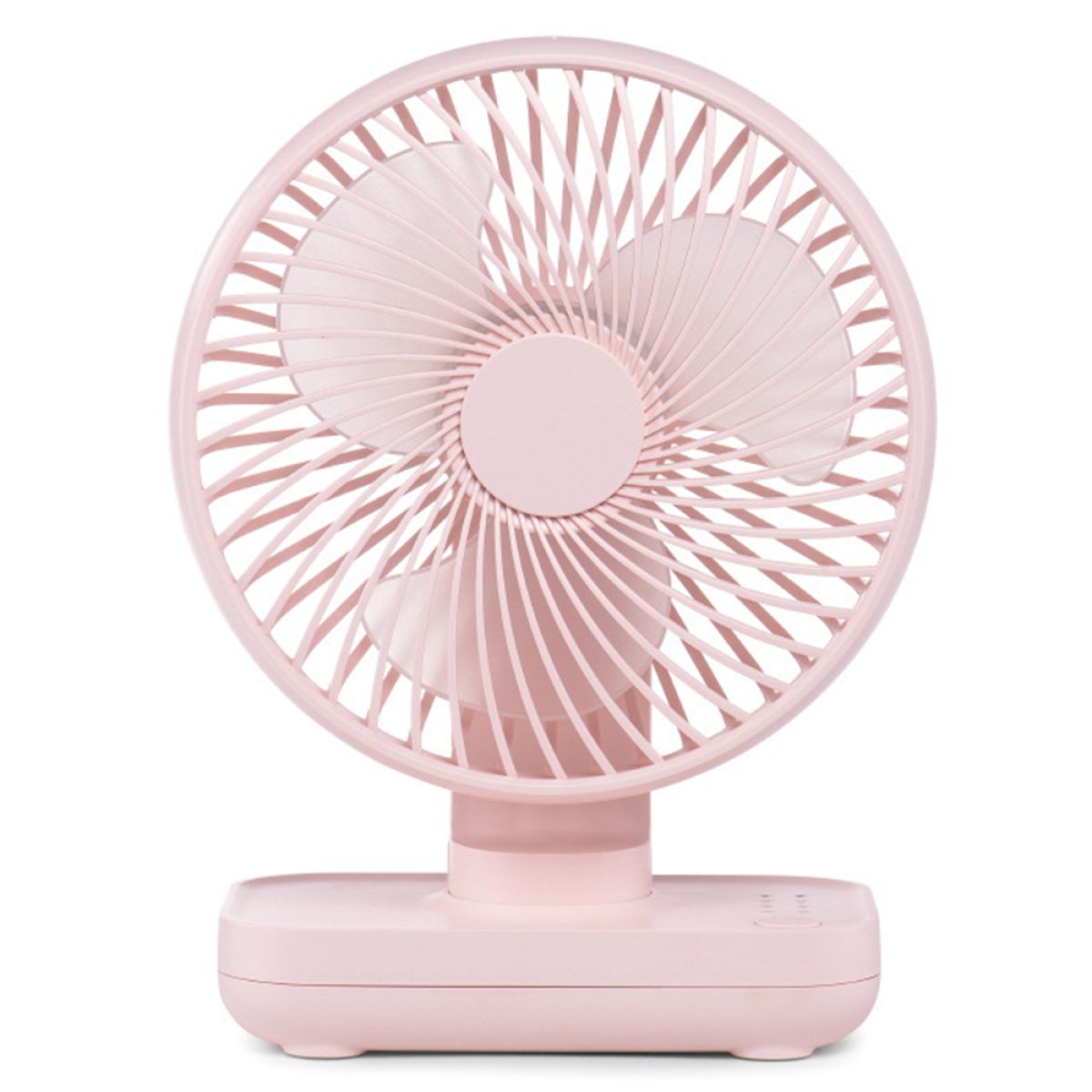 Ein rosa Schreibtischventilator auf weißem Hintergrund. Der Ventilator hat ein kreisförmiges Design mit drei Flügeln.