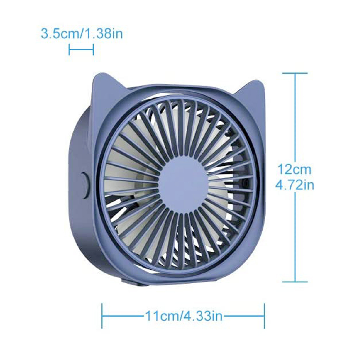 Blauer, katzenförmiger, tragbarer Ventilator mit Messungen und Abmessungen auf weißem Hintergrund.