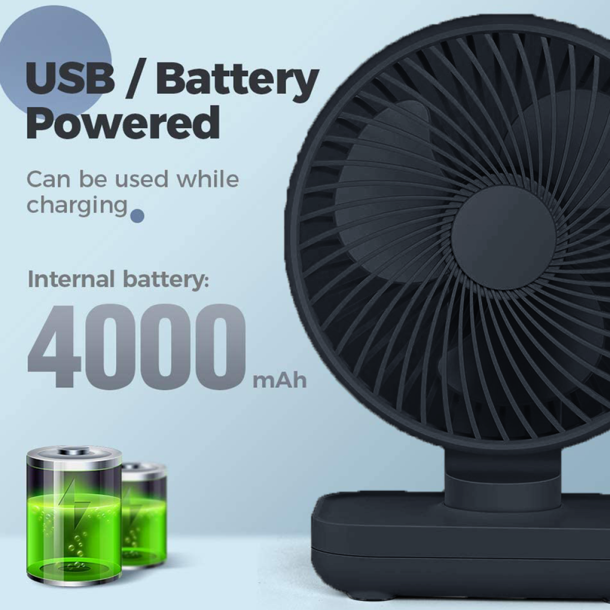 Ein schwarzer USB-Lüfter mit 4000mAh Akku. Er wird über USB betrieben und hat ein schwarzes Design.