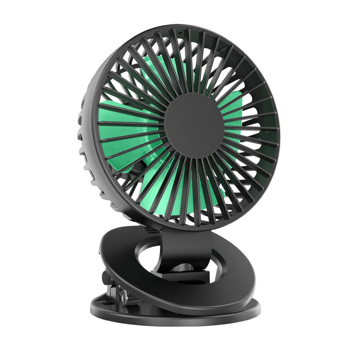 Ein schwarzer und grüner tragbarer Ventilator mit Clip-Basis, vor weißem Hintergrund.