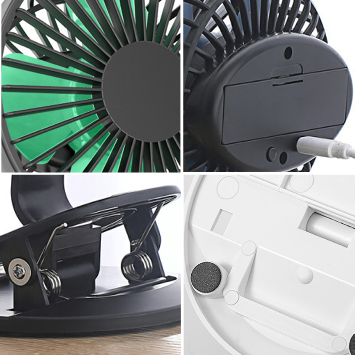 Ein kleiner schwarzer Ventilator. Der Ventilator hat ein grünes Blatt, einen Clip und einen USB-Anschluss.