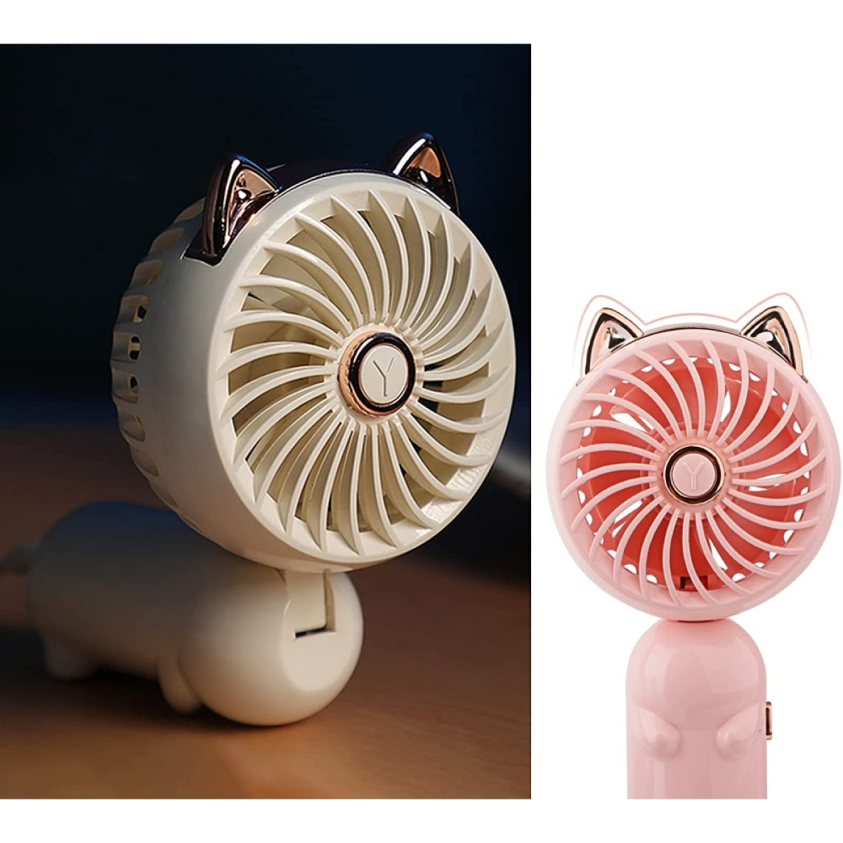 Zwei kleine Ventilatoren, einer weiß mit goldenen Ohren, der andere rosa. Beide haben ein Y-Logo und gebogene Flügel.