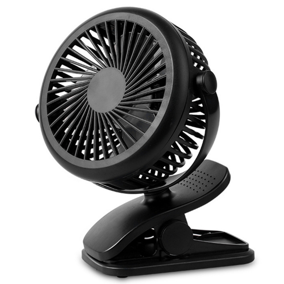 Schwarzer Clip-on-Ventilator mit runden Blättern. Er hat einen schwarzen Clip und einen Sockel.