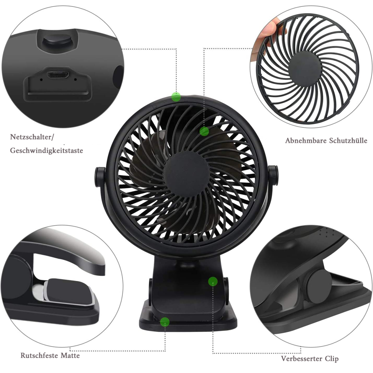 Schwarzer tragbarer Ventilator mit Bedienelementen und Detailansichten verschiedener Teile.