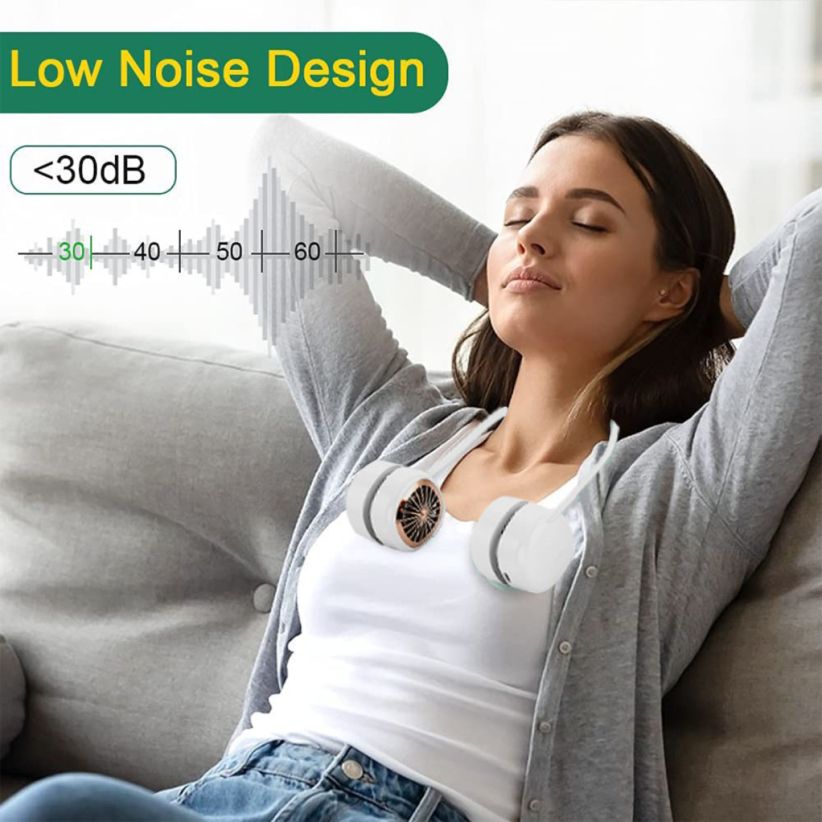 Frau mit Nackenventilator, mit Geräuschpegelanzeige <lt/>30dB.