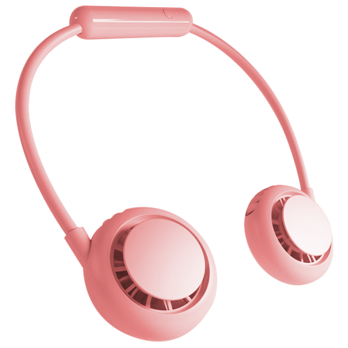 Rosa Nackenventilator mit zwei kreisförmigen Lüftern und einer oberen Steuertaste.