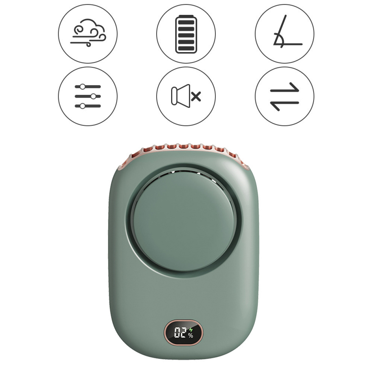 Ein kleiner, grüner Nackenventilator mit digitaler Anzeige. Der Ventilator hat mehrere Symbole, die seine Funktionen zeigen.