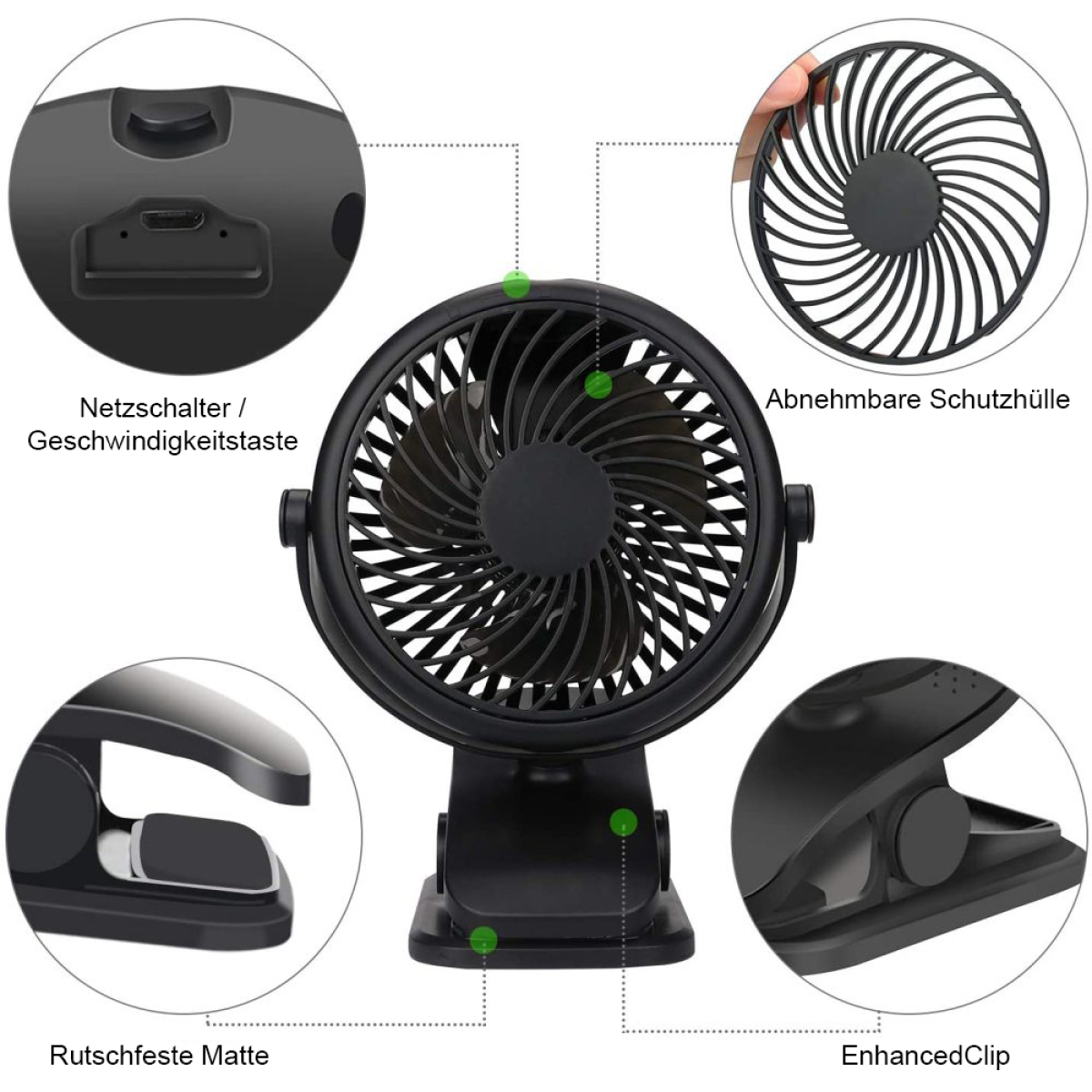 Schwarzer Ventilator, mit Details der Teile: Ein-/Aus-Taste, abnehmbare Abdeckung, rutschfeste Matte und verbesserter Clip.