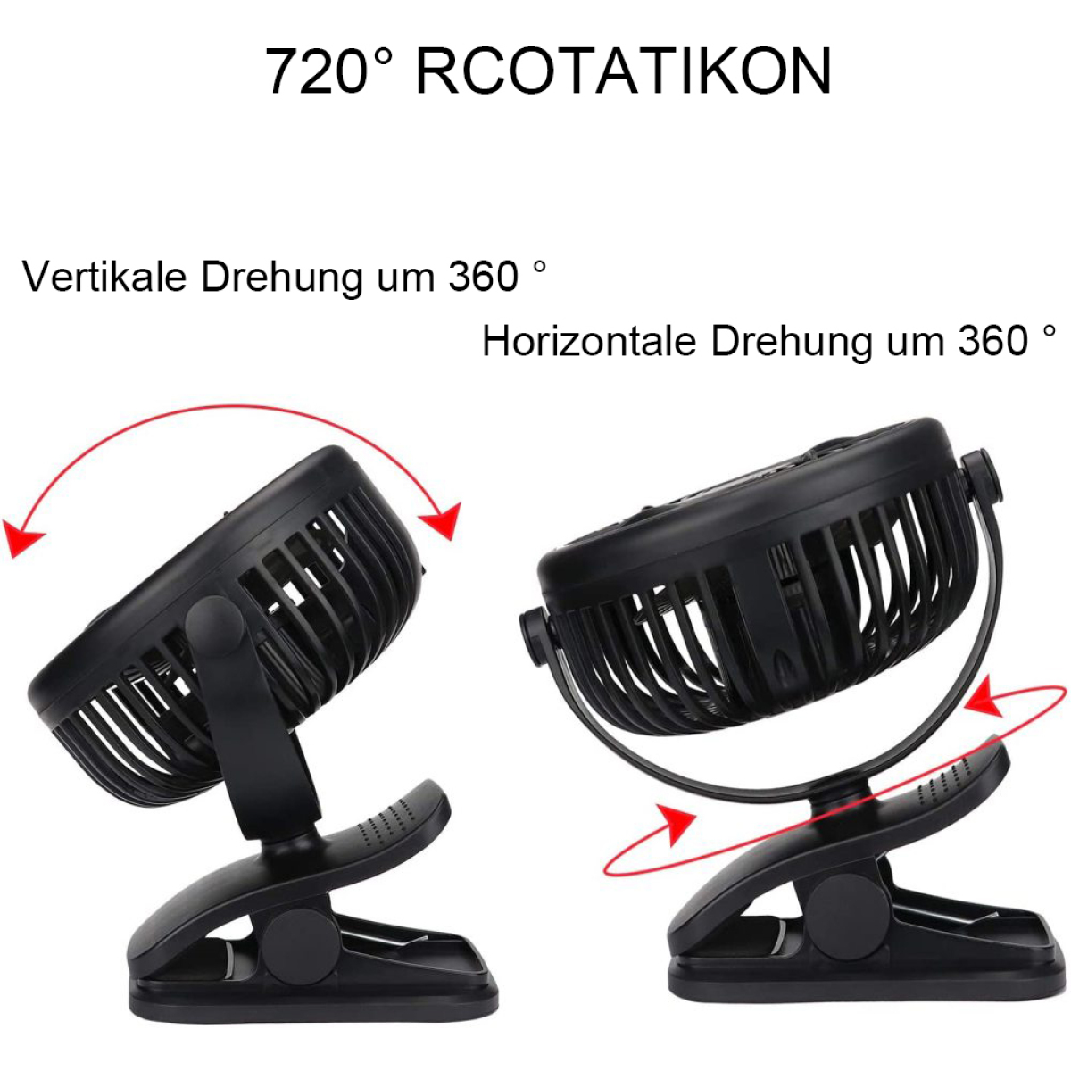 Zwei schwarze Mini-Ventilatoren an Clips, einer nach oben geneigt, der andere gedreht. Text sagt 720° Drehung, und 360° vertikal und horizontal.