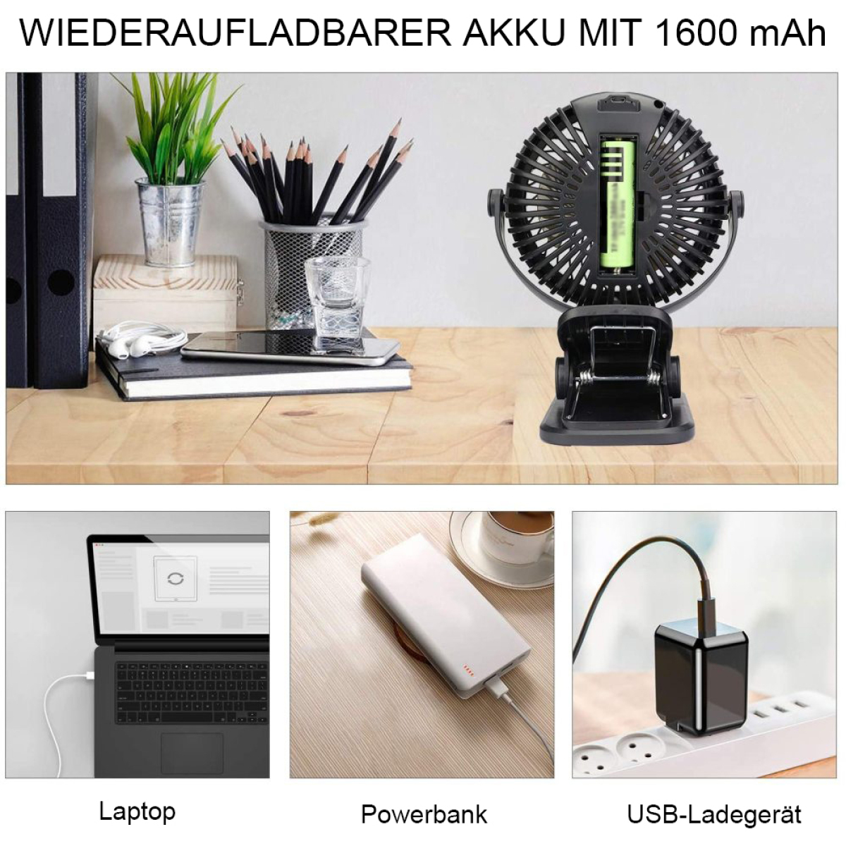 Schwarzer tragbarer Ventilator mit Clip, Ladekabel und Powerbank. Weißer Hintergrund.