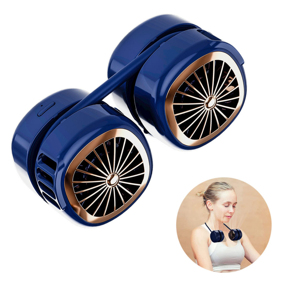 Ein blau-goldener Nackenventilator. Eine Frau trägt den Ventilator in einem Kreis um ihren Hals.