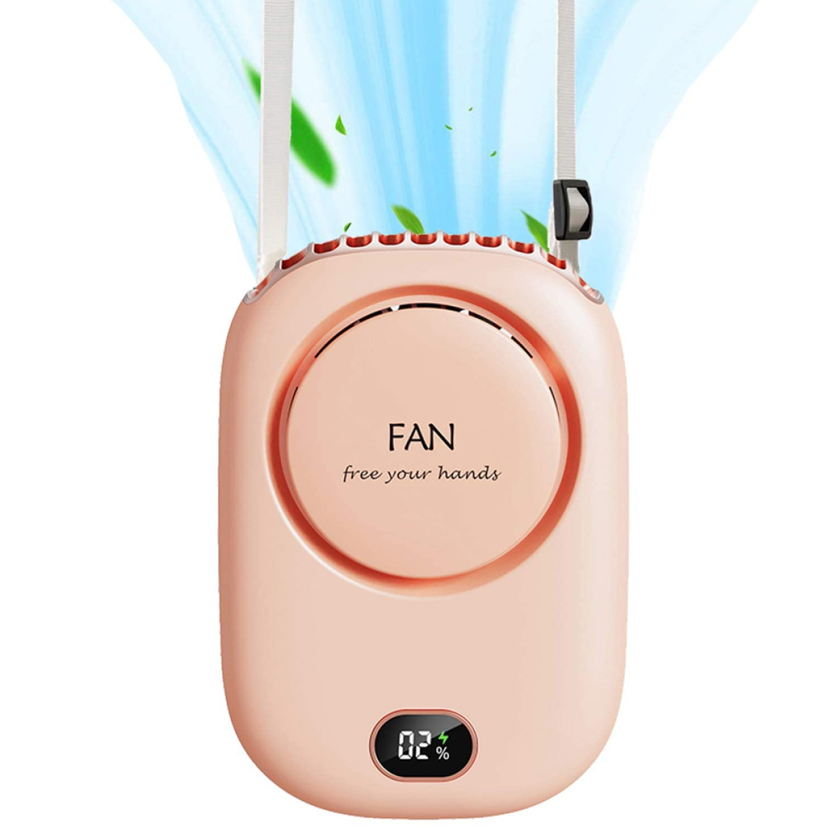 Pinkfarbener Nackenventilator mit Display und Text, auf weißem Hintergrund.