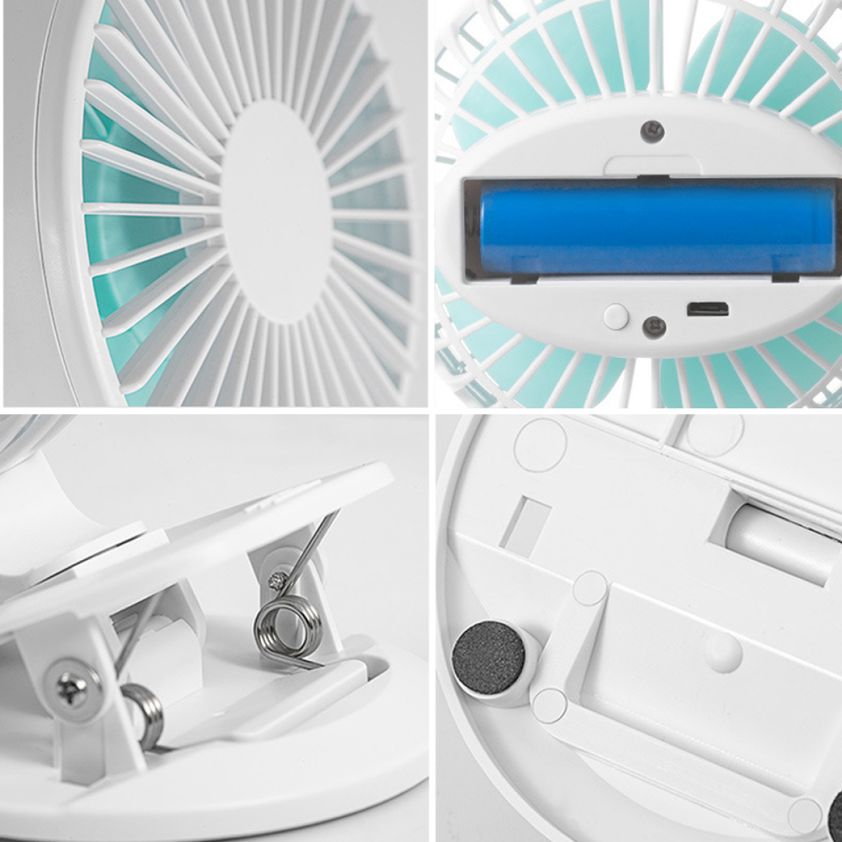 Nahaufnahme eines kleinen weißen Ventilators, mit mehreren Ansichten, die Details zeigen.