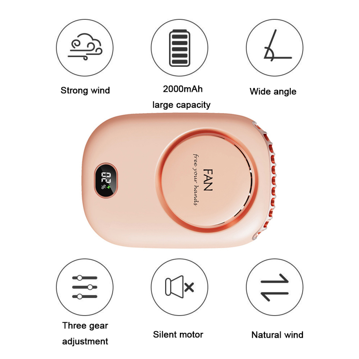 Ein rosa Mini-Ventilator mit Symbolen für Wind, Akku und Einstellung.