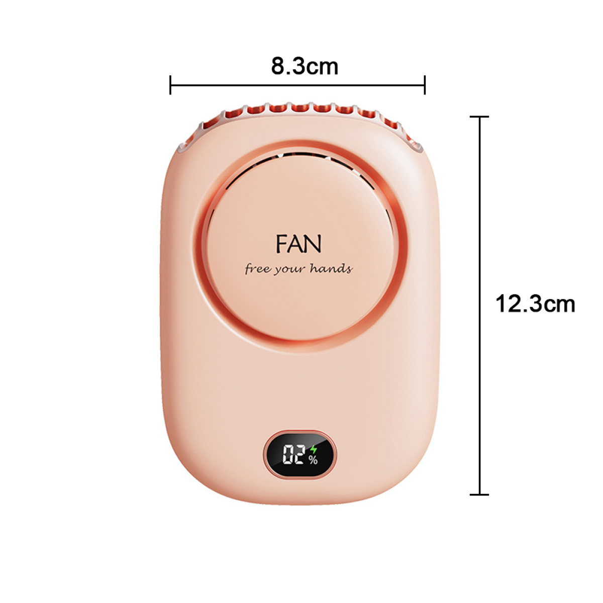 Rosa Nackenventilator, mit Maßen und einer Leistungsanzeige mit 02%.