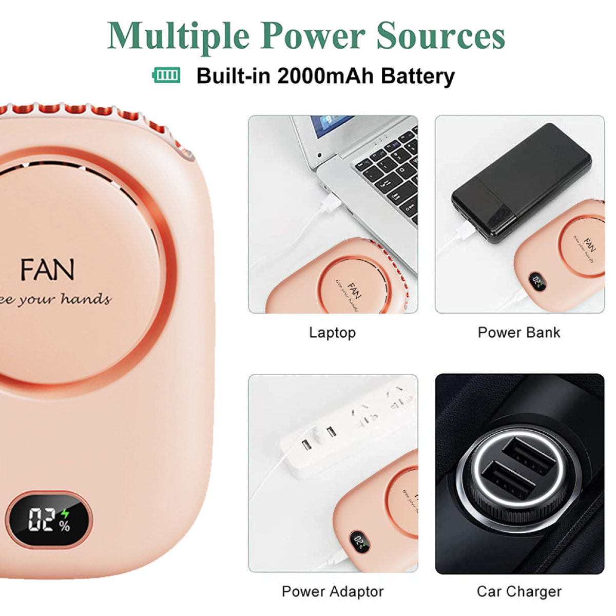 Ein pinkfarbener tragbarer Ventilator mit mehreren Stromquellen: Laptop, Powerbank, Netzteil und Autoladegerät.