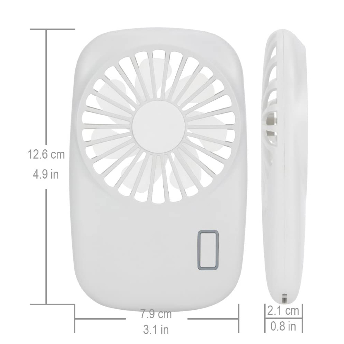 Weißer Handventilator mit Lüfterblättern, Abmessungen in cm/Zoll angegeben. Seitenansicht zeigt Dicke.