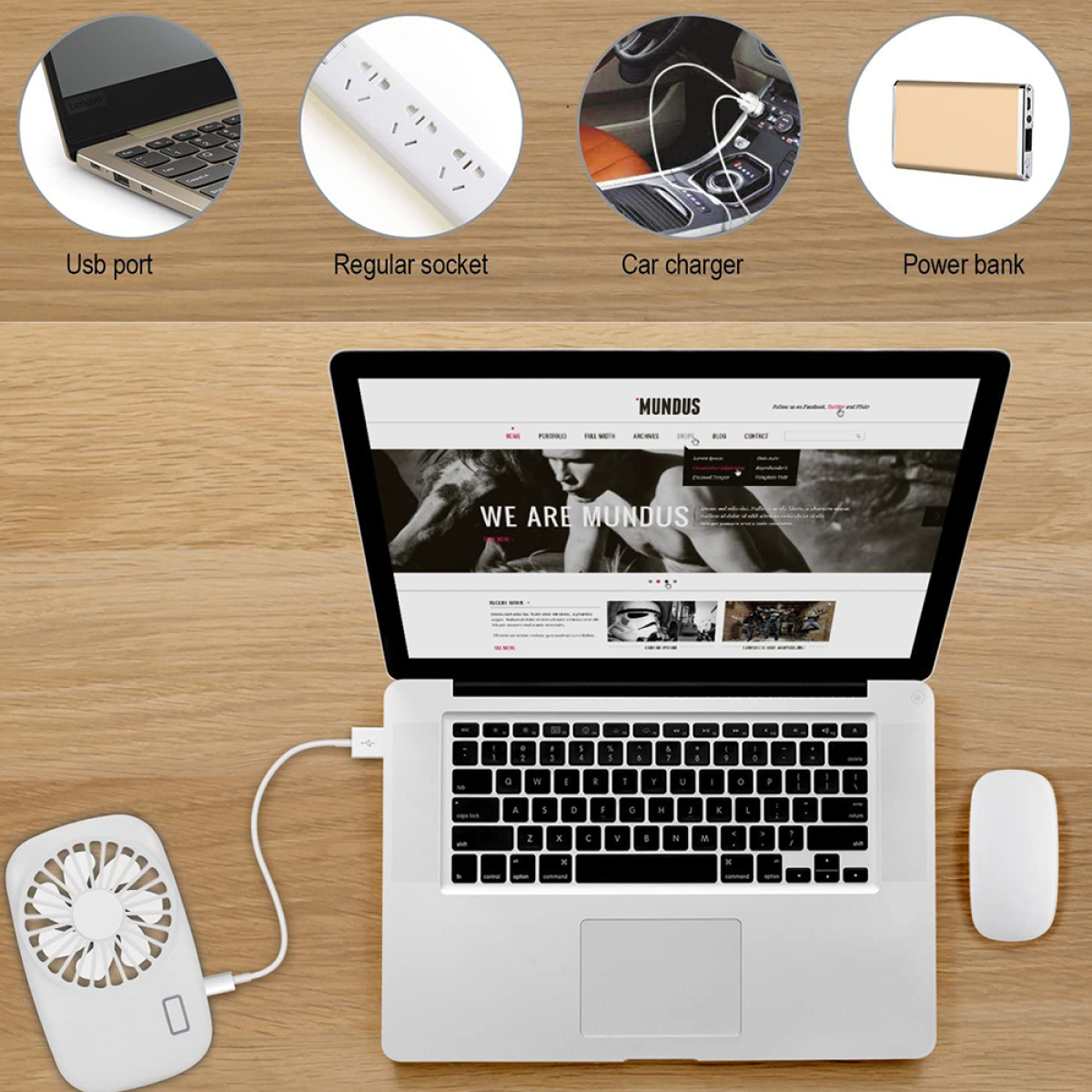 Laptop mit Zubehör: USB-Anschluss, Steckdosenleiste, Autoladegerät und Powerbank auf einem Holztisch.