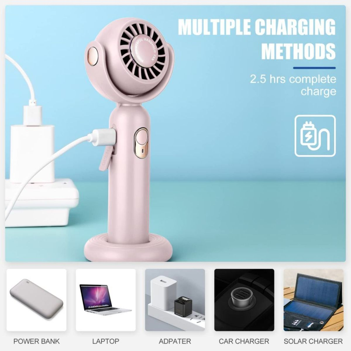 Rosa Handventilator mit mehreren Lademethoden, darunter Powerbank, Laptop und Autoladegerät.