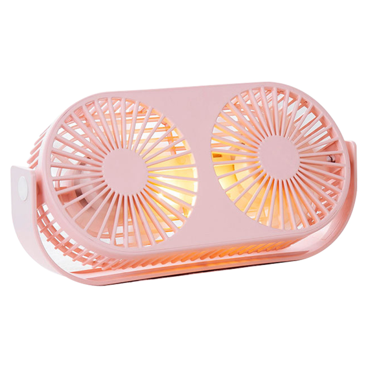 Rosa Schreibtischventilator mit zwei Ventilatoren. Es ist ein Doppellüfter mit ovalem Körper und Ständer.