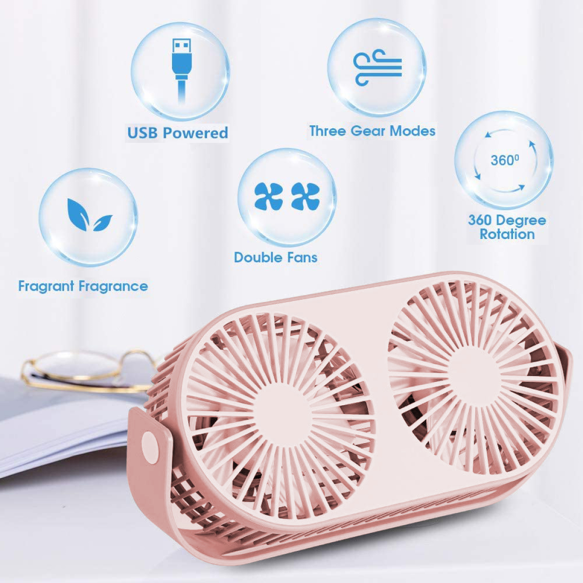 Ein rosa Doppellüfter mit USB-Stromversorgung, drei Gängen und 360-Grad-Drehung. Doppellüfter vorhanden.