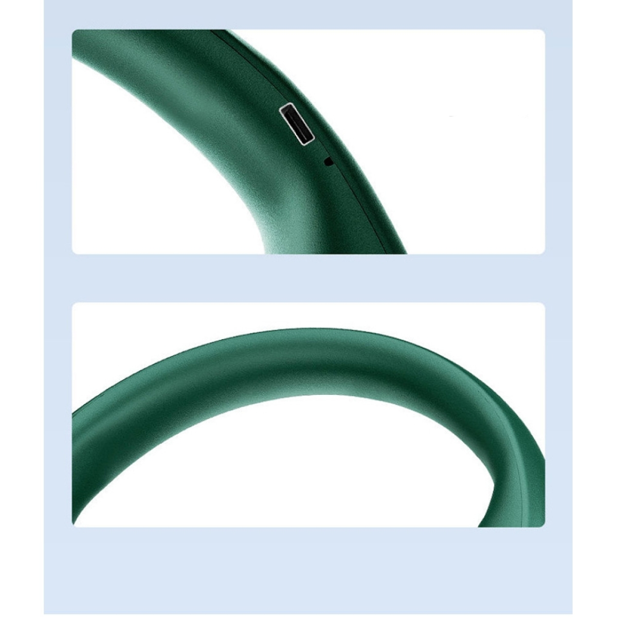Nahaufnahmen eines grünen Nackenventilators. Die Oberseite zeigt einen USB-Anschluss und die Unterseite ein gebogenes Design.