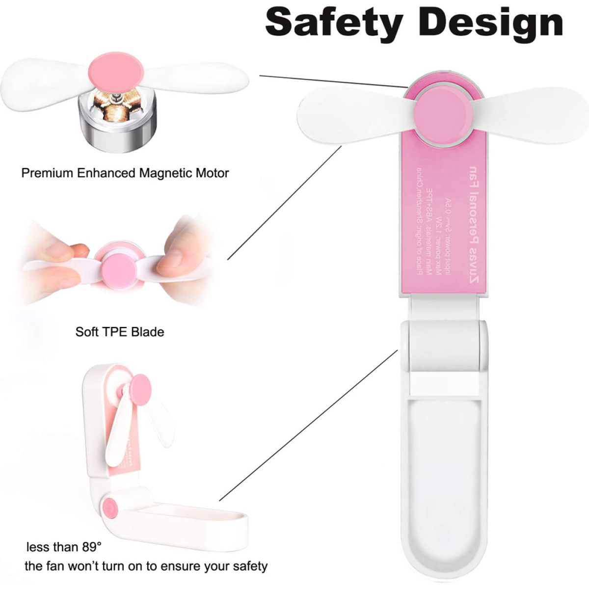 Ein rosa Handventilator mit Sicherheitsdetails, inkl. Magnetmotor.