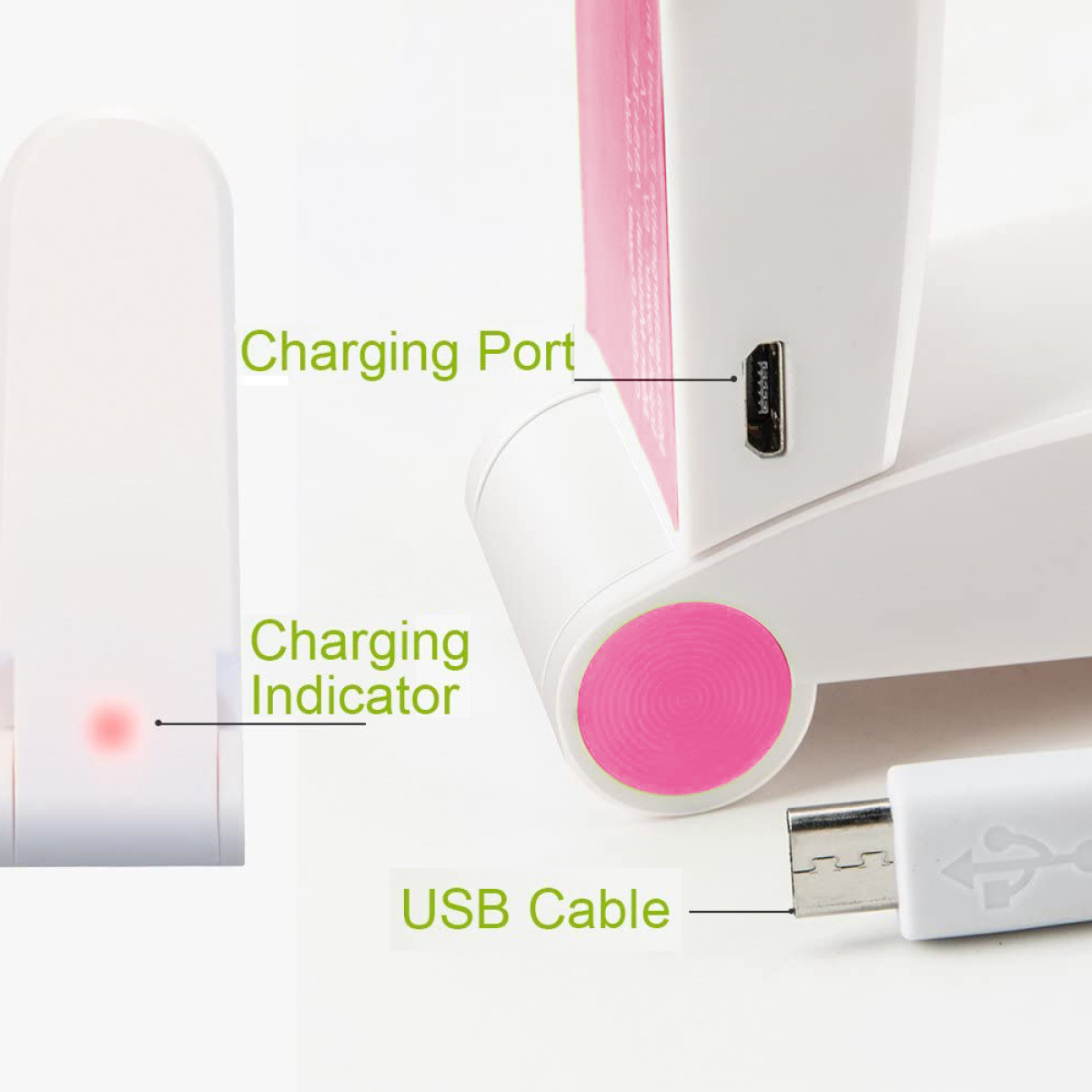 Nahaufnahme eines Ladegeräts mit Ladeanschluss, Anzeige und USB-Kabel.