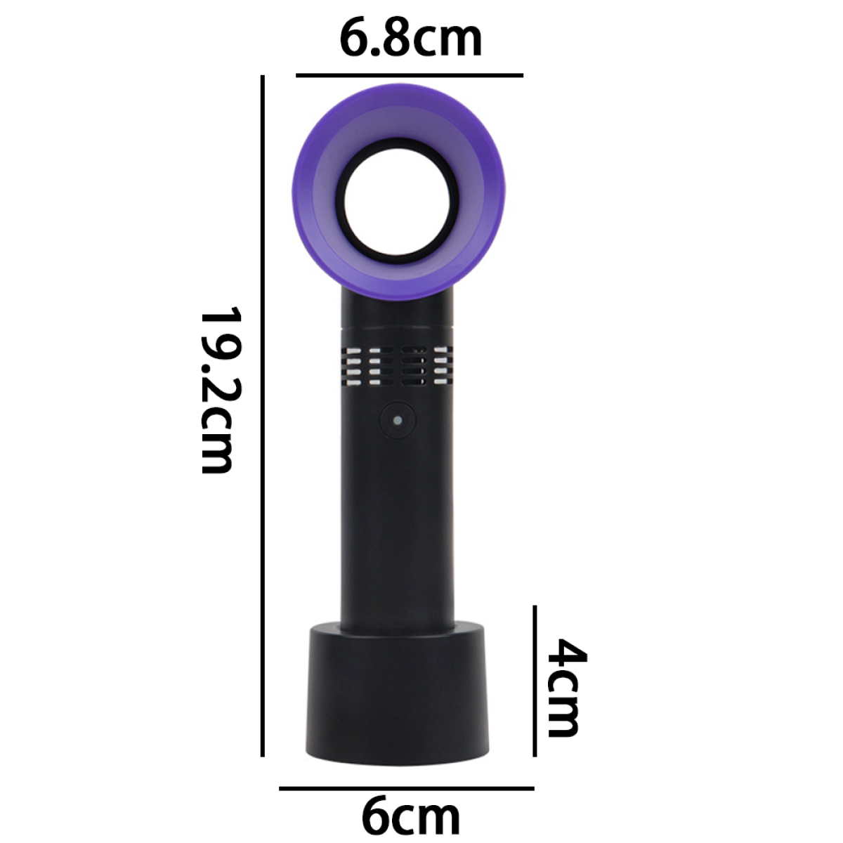 Ein schwarzer, blattloser Ventilator mit Abmessungen. Er hat einen lila Ring und steht auf einem schwarzen Sockel.