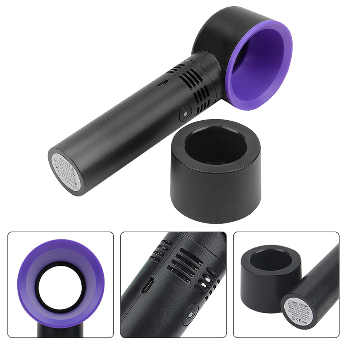 Schwarzer und lila Ventilator mit separater Basis und Nahaufnahmen der Details.
