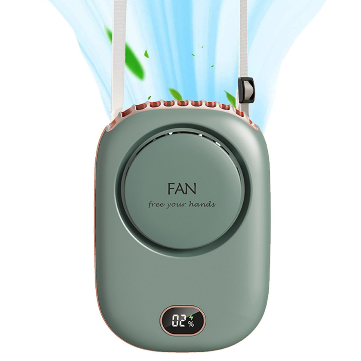 Nackenventilator. Grünes Gerät mit weißem Riemen. Digitalanzeige zeigt Prozentsatz.
