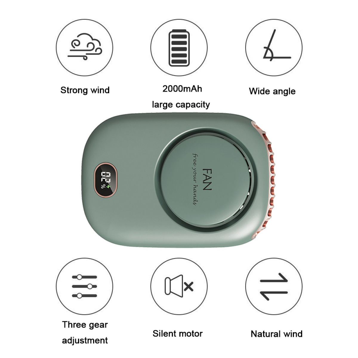 Grüner tragbarer Ventilator mit Symbolen, Eigenschaften: starker Wind, 2000 mAh, Weitwinkel, drei Gänge, leise.