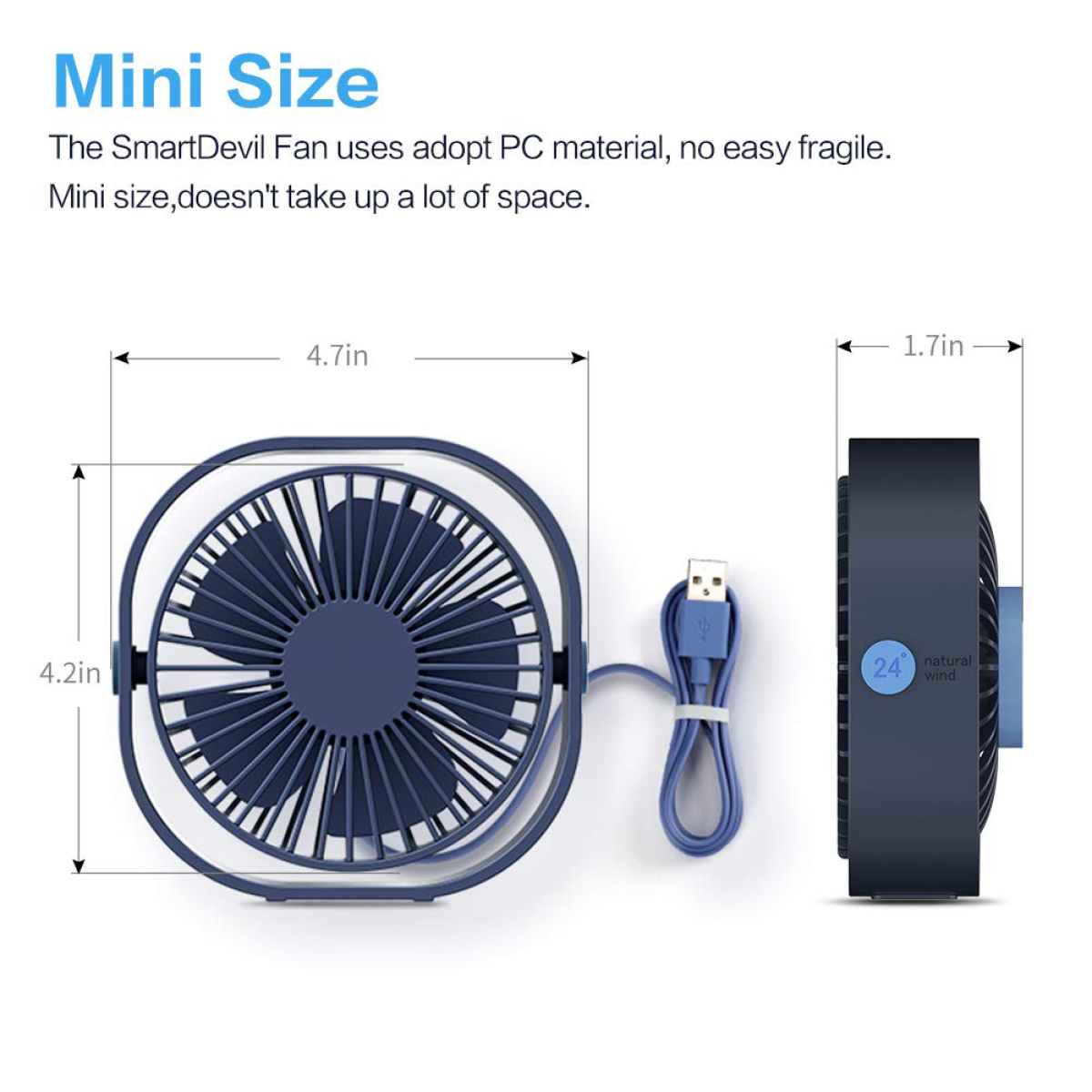 Ein kleiner blauer Ventilator mit einem blauen Kabel. Der Ventilator hat einen dunkelblauen Lüfterschutz.