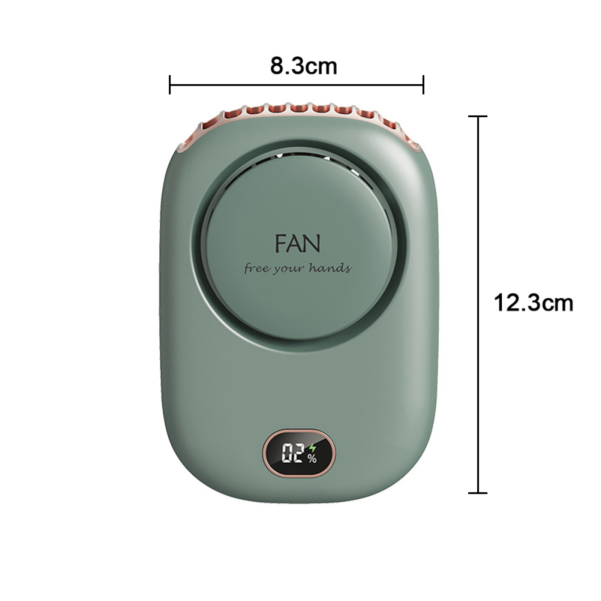 Grüner tragbarer Ventilator mit Abmessungen und kleinem LED-Bildschirm, der 02 % anzeigt, auf weißem Hintergrund.